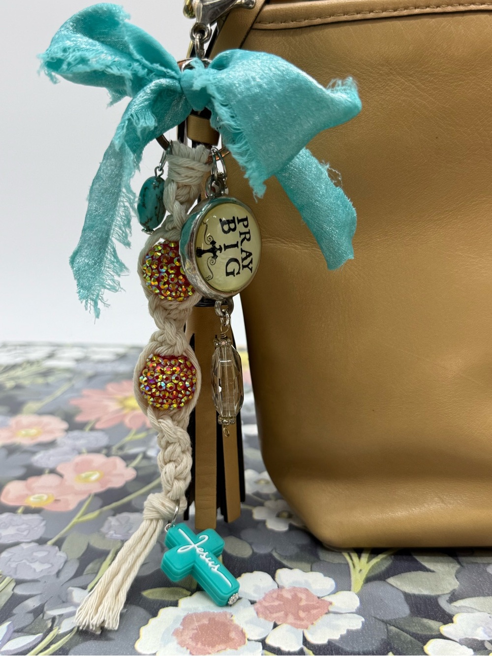 Adorned Crown Jewelry purse bag charm keychain pray big Jesus macrame bow